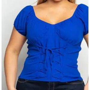 Zenobia Royal Blue Puff Sleeve Smocked Front Lace Up Corset Top Plus Size 3XL‎